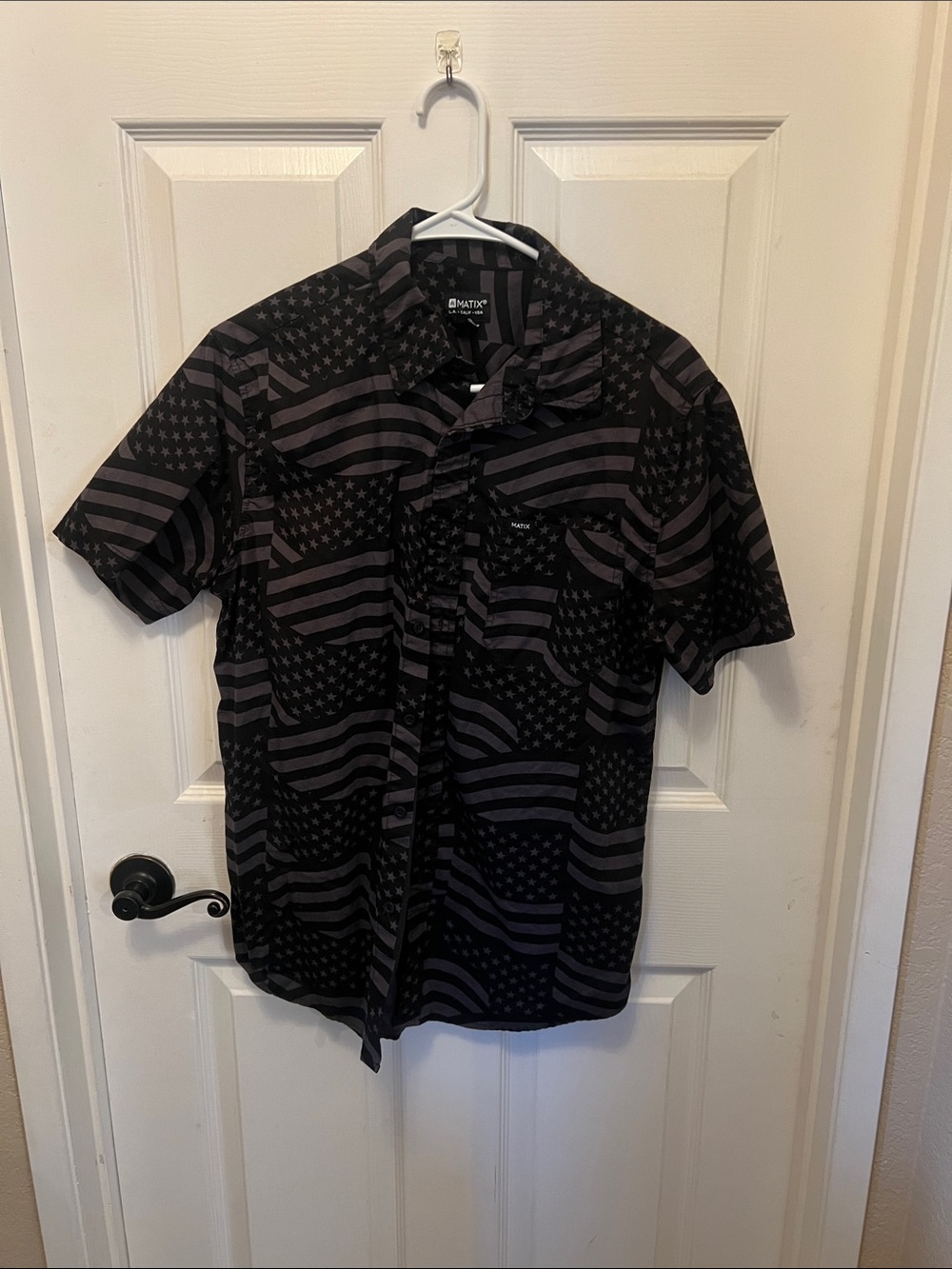 Matix Black and Charcoal Short-Sleeve Flag Print Button-Up